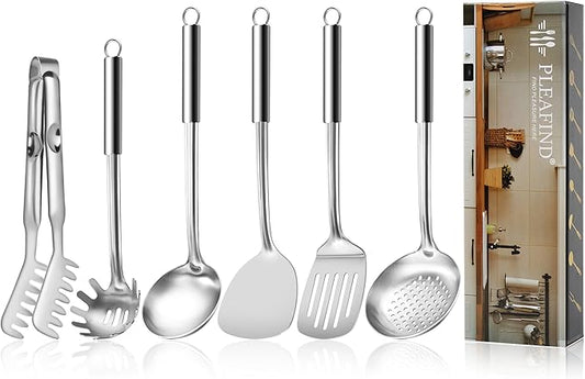 Pleafind Stainless Steel Cooking Utensils Set, 6 Pcs Heat Resistant Kitchen Utensils Set, Nonstick Kitchen Tools for Cooking, Baking, Metal Spatula Set for Chef, Dishwasher Safe