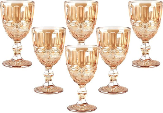 Vintage Wine Glasses Set of 6, 10 Ounces Colored Glass Water Goblets, Unique Embossed Pattern High Clear Stemmed Glassware Wedding Party Bar Glass Drinking Cups Floral Amber