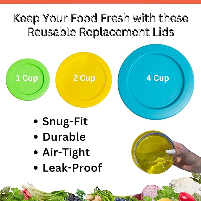 1, 2 & 4 Cup Spring Green, Yellow, Turquoise Replacement Lids/Covers for Pyrex, Anchor Hocking & KlareWare Storage Bowls *Lids Only Glass Container Not Included* (3 Pack *One of Each Size*)