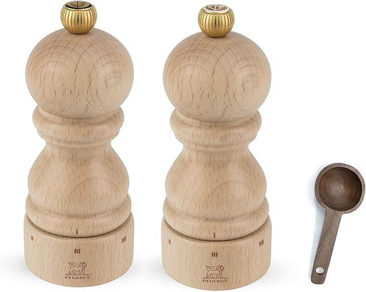 Peugeot Paris u'Select 6 Setting Manual Beechwood Zirlion Salt & Pepper Mill Set With Wooden Spice Scoop Made In France (Natural, 5- Inch)