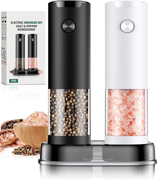 Electric Salt and Pepper Grinder Set Automatic Battery Pepper Mill Shakers Adjustable Coarseness Easy Filling Upgraded Larger Capacity with Led (2 Pack Black/White)