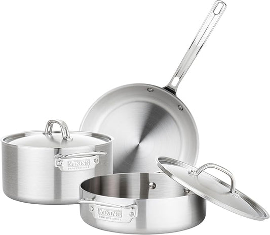 Viking 5-Ply Pots and Pans Set, 5 Piece Stainless Steel Kitchen Cookware, Silver