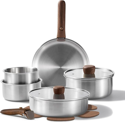 CAROTE 13pcs Tri-Ply Stainless Steel Cookware Set with Detachable Handle, Pots and Pans Set, Induction Kitchen Cooking Sets, RV/Camping Cookware, Oven Safe, Woodgrain Style
