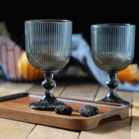 Vintage Wine Glasses Set of 6, 11 Ounces Colored Glass Water Goblets, Unique Embossed Pattern High Clear Stemmed Glassware Wedding Party Bar Glass Drinking Cups Fancy Glasses Vertical Line Grey