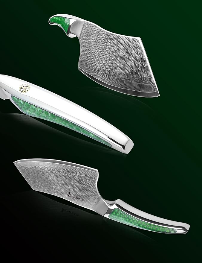 7 inch Nakiri Knife, Japanese VG-10 Damascus Steel Meat Cleaver, Ultra Sharp Vegetable Knife with Full-tang Handle in Green Resin, LA-S9 Series