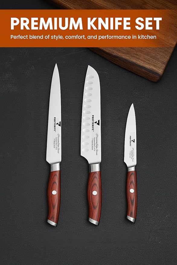 PrecisionEdge Ultra Sharp 3 Piece Knife Set Japanese Chef Knife Set Professional Slice Cooking with Red Pakkawood Handles Japanese Kitchen Knives Sets without block Culinary Chef Knives