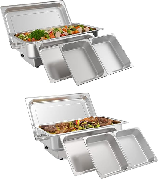 2 PACK Electric Chafing Dish Buffet Set 9QT Buffet Food Servers and Warmers Digital Display Temperature with 1 Full-size Pan & 2 Half-size Pan Stainless Steel for Parties Weddings Caterings