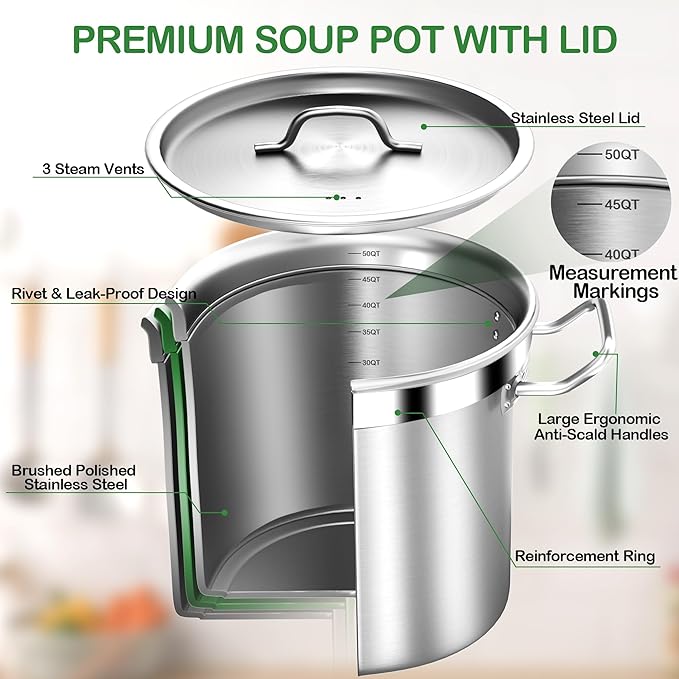 50 Quart Stainless Steel Stock Pot with Lid – Heavy Duty Cooking Pot for Soup, Commercial Soup Pots, 3-Ply Induction Bottom, Oven Safe