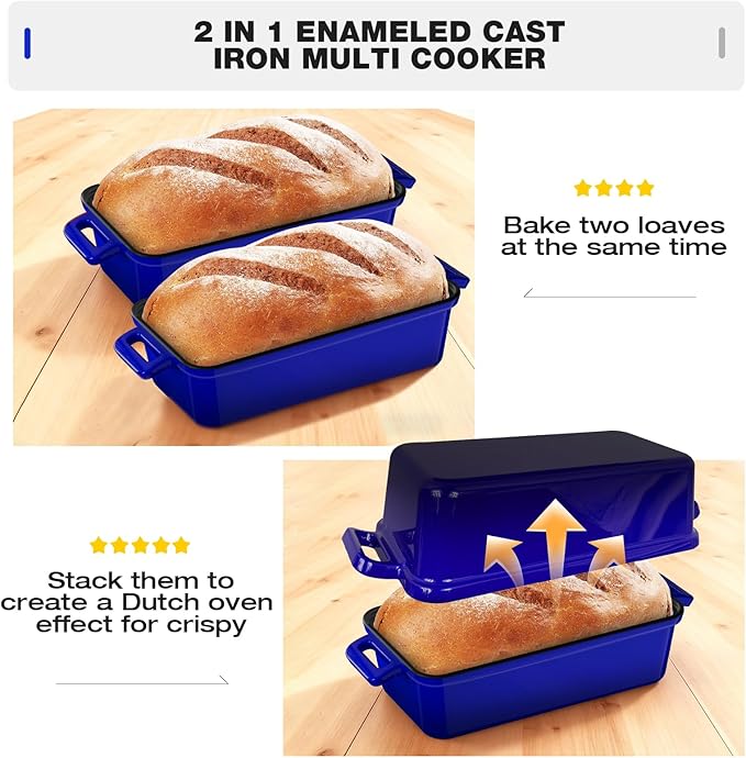 13x5 Enameled Cast Iron Loaf Pan with Lid – Bread Pan for Sourdough, Cake, Meatloaf, Even Heat, Nonstick, Easy to Clean, 2 Piece Set