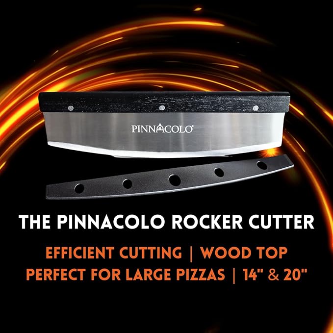 14 Inch Sharpenable Rocker Cutter with Wood Top - Stainless Steel Blade for Chopping and Slicing Vegetables, Meat, and Pizza