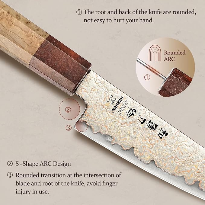HEZHEN Kitchen Utility Knife, 5.5 Inches, 37 Layers Tricolor Copper Damascus Steel, Vegetable Fruit Knife, for Chefs and Home Cooking Using, Razor Sharp,Sycamore Wood Handle