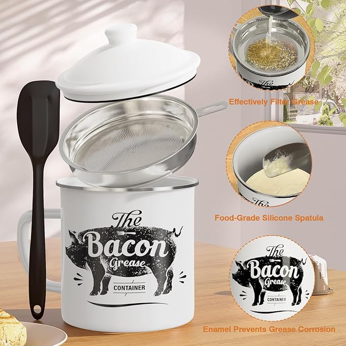 Bacon Grease Container With Strainer, 46OZ Large Enamel Grease Container, With Silicone Spatula, Farmhouse Bacon Grease Keeper, Cooking Oil Container For Kitchen Fat Storage, Dishwasher Safe-White