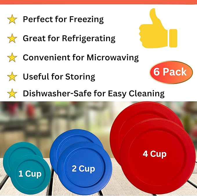 1, 2 & 4 Cup Turquoise, Blue, Red Replacement Lids/Covers for Pyrex, Anchor Hocking & KlareWare Storage Bowls *Lids Only Glass Container Not Included* (6 Pack *Two of Each Size*)