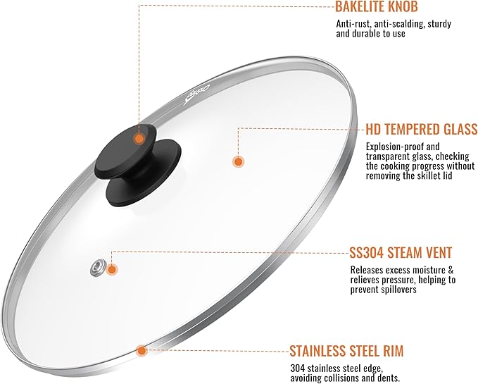 8 Inch Pan Lid For Pots Pans and Skillets, Cast Iron Skillet Lid, Tempered Glass Pan Lids Replacement, Pot Covers for Cooking, Wok, Crock Pot Lid with Stainless Steel Rim, Frying Pot Lids Only