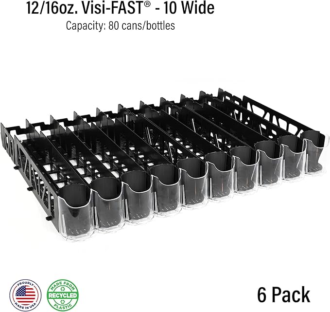Visi-FAST Spring Push Drink Dispenser, Refrigerator Organizers and Storage for 12/16 oz Beverages, Bottles, and Cans, Drink Dispenser for Fridge, Commercial and Home, (Pack of 6)