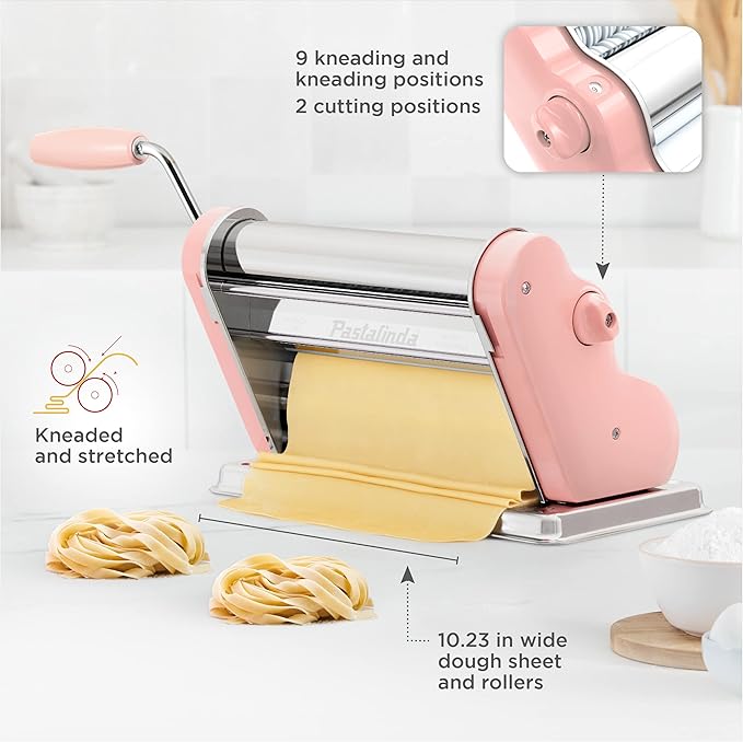 PASTALINDA Classic 260 Pasta Maker Machine, 26 cm Wide Rollers, 9 Thickness Positions, 2 Cutting Positions, Stainless Steel. Includes Reinforced Hand Crank And Two Clamps (Pink)