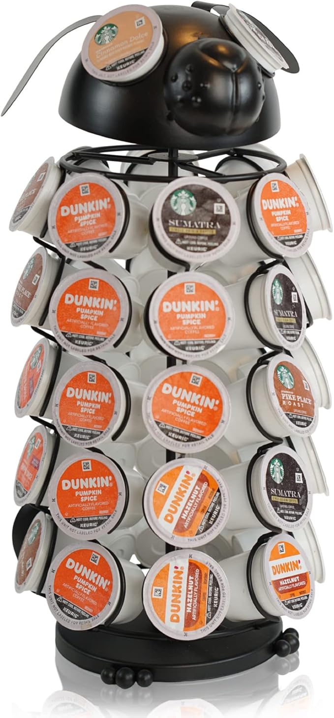 Made Easy Kit Carousel Coffee Pod Holder, Compatible with Keurig K-Pods K-Cups, Countertop Rack Storage Organizer, Metal Home and Kitchen Decor, Capsule Café Station Bar (Large, Black Dog)
