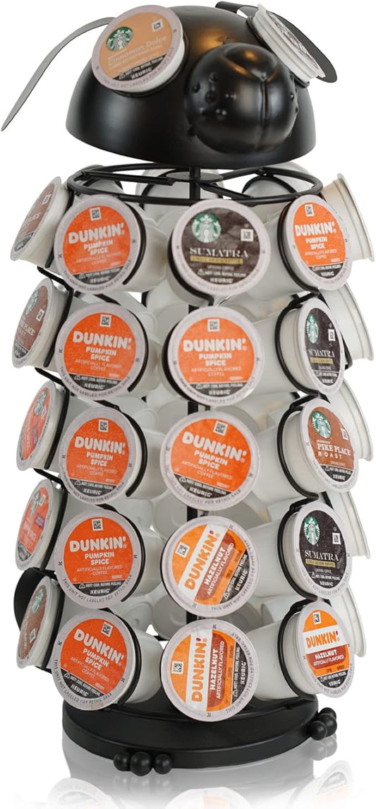 Made Easy Kit Carousel Coffee Pod Holder, Compatible with Keurig K-Pods K-Cups, Countertop Rack Storage Organizer, Metal Home and Kitchen Decor, Capsule Café Station Bar (Large, Black Dog)