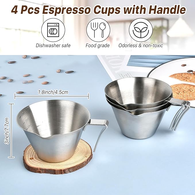4 Pack Espresso Shot Cups with Handle Espresso Measuring Cup Dishwasher Safe Stainless Steel Pouring Cup for Tomato Sauce|Steak Sauce|Dessert|Beverage (Matte Glossy)