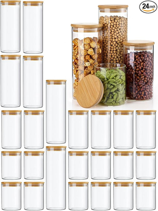 24 Pcs Glass Storage Jars with Wooden Lids, 4 Sizes Food Storage Containers Clear Stackable Canisters Airtight Glass Jars for Candy Cookie, 3.4''x4'', 6'', 7.9'', 9.8''