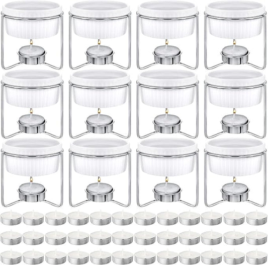 60 Pcs Ceramic Butter Warmers Set, Include 12 Butter Warmers for Seafood Melter with Stands, 48 Tea Light Candles Food Warmer Candle for Fondue Chocolate Dishwasher Microwave Oven Safe