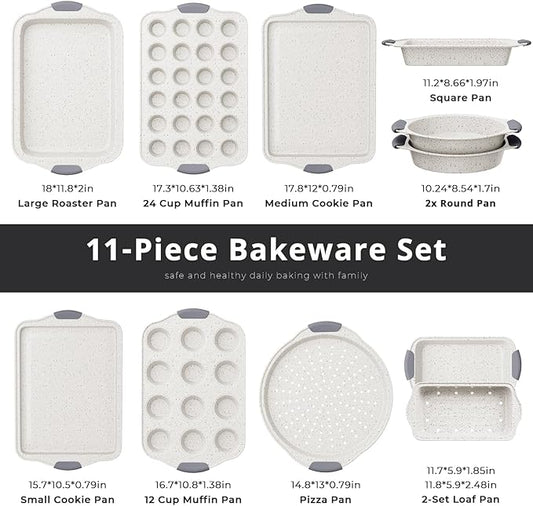 11-Piece Nonstick Baking Pans Set, Stackable Non Toxic Bakeware Sets with Cookie Sheets, Cake Pan, Loaf Pan, Pizza Pan, Muffin Pan, White&Gray