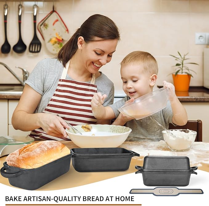 Cast Iron Bread Pan with Lid, Cast Iron Bread Loaf Pan with 2 Silicone Bread Mats, Sourdough Loaf Pan with Lid, Heavy Duty Loaf Pans for Oven Baking Bread, Bread Pans for Homemade Bread(Black)