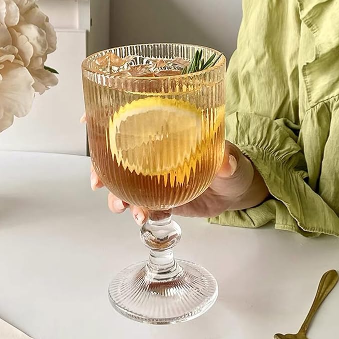 Vintage Wine Glasses Set of 6, 11 Ounces Colored Glass Water Goblets, Unique Embossed Pattern High Clear Stemmed Glassware Wedding Party Bar Glass Drinking Cups Fancy Glasses Vertical Line Clear