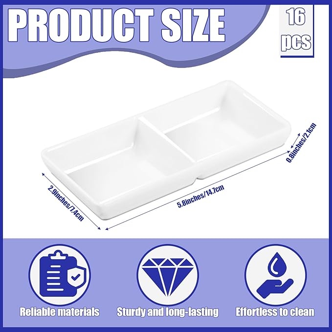 16 Pcs Dual Dipping Sauce Bowls with Two Compartments Melamine Soy Sauce Dish Divided Fondue Plates Party Trays for Kitchen Sushi Restaurant (White)