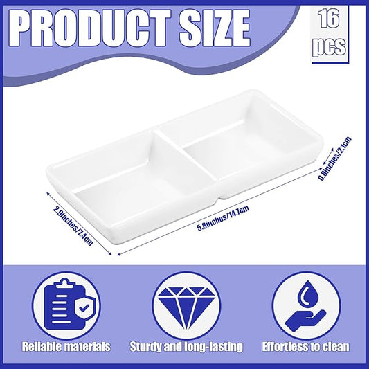 16 Pcs Dual Dipping Sauce Bowls with Two Compartments Melamine Soy Sauce Dish Divided Fondue Plates Party Trays for Kitchen Sushi Restaurant (White)