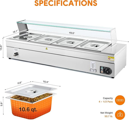 WILPREP Commercial Food Warmer with Four 1/2 Pans, Electric Warmer for Food with Sneeze Guards Adjustable Temp. & Auto Shutoff, Stainless Steel Food Heating Unit for Buffet Food Truck Hotel Catering