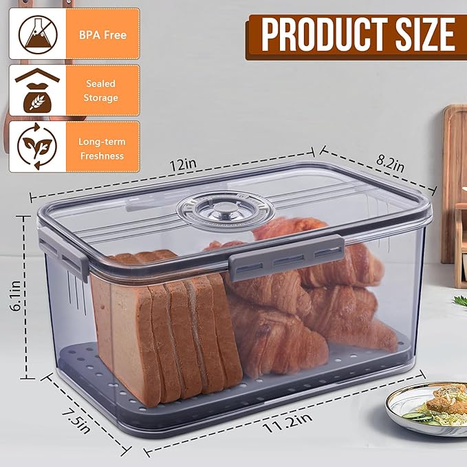 Bread Box Bread Boxes for Kitchen Counter Airtight, Time Recording Bread Storage Container with Lid, Bread Keeper for Homemade Bread, Toast, Bagel, Donut and Cookies, LARGE Grey