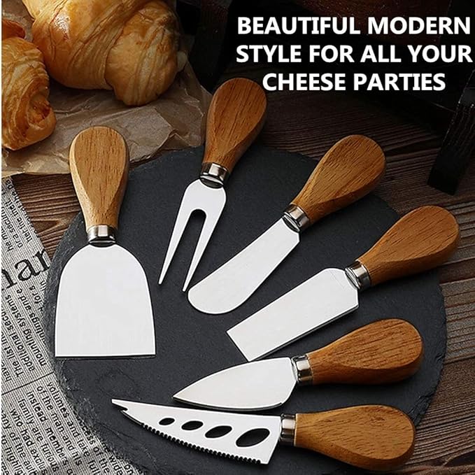 Premium 6-Piece Cheese Knife Set,Complete Stainless Steel Cheese Knives Collection (Acacia Wood Handle)-Charcuterie Boards Accessories,Gift-Ready