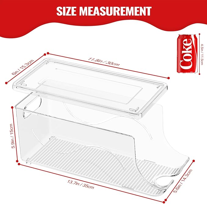 2 Pack Stackable Refrigerator Organizer, Soda Can Dispenser Pop Cans Container Beverage Holder with Lid for Fridge, Freezer, Kitchen, Clear Plastic Storage Bins-Holds 10 Cans Each (Clear)
