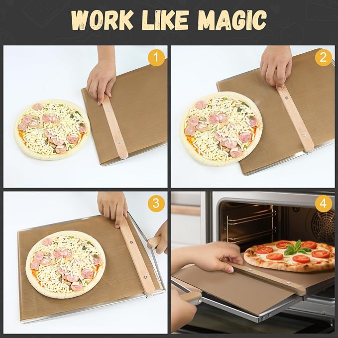 Sliding Pizza Peel, large Pizza Peel Metal Sliding Tray 16” X 13” Making 10-14 Inch, 304 Stainless Steel Metal Premium Pizza Board with Solid Wood Handle, and Pizza Cutter Wheel