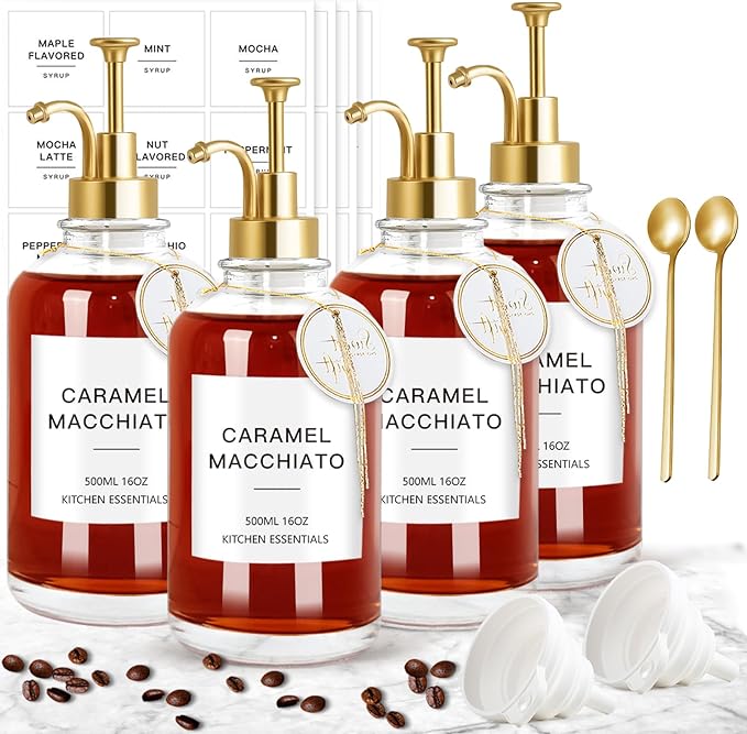Coffee Syrup Dispenser for Coffee Bar, Set of 4 Simple Glass Syrup Bottle w. Labels and Coffee Scoop, 16.9 oz 500ml Coffee Syrup Pump Dispenser, Coffee Bar Accessory Syrup Dispenser w. Golden Pump