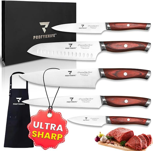 PrecisionEdge Ultra Sharp Japanese Chef Knife Set Professional Slice Cooking with Red Pakkawood Handles Japanese Kitchen Knives Sets without block Culinary Chef Knives (5PCs Knife Set)