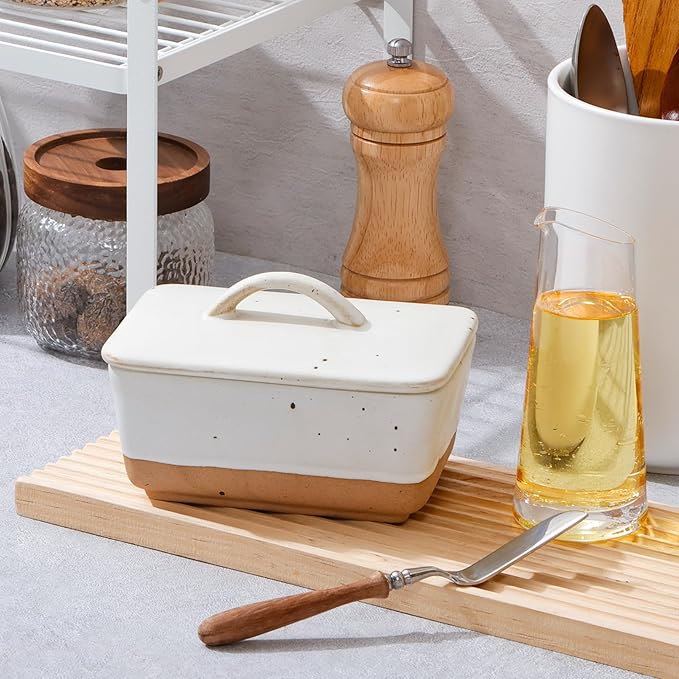 NUTRIUPS Ceramic Butter Dish with Lid for Countertop, Vintage European Butter Holder with Lid, Covered Butter Dish,Holds 1 Stick (White, Uniform size)