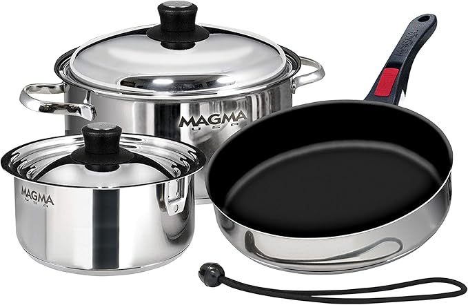 Magma 7 Piece Gourmet Nesting Stainless Steel Cookware Set with Ceramica Non-Stick, Induction Compatible, Oven Safe to 500°F - Suitable for All Stovetops, Removable Handles, Stainless Steel