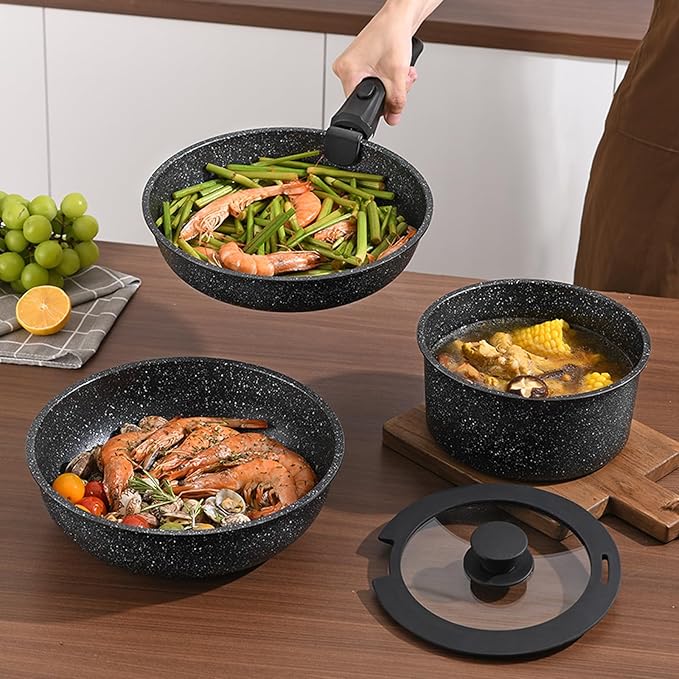 Pots and Pans Set, Nonstick Detachable Handle Cookware Set, Induction Kitchen Cookware Set with Removable Handle, Healthy Non Stick Cookware, Dishwasher & Oven Safe, PFOA Free