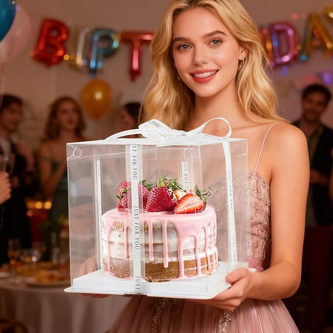 cake box-8 * 8 * 9inch/8pcs, Clear Display Gift Boxes with RibbonStackable Food Storage Containers for Pastry (Clear, 8 * 8 * 9 inch/8pcs)