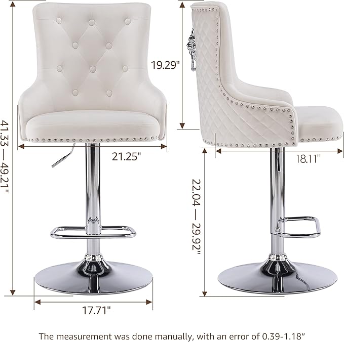 Velvet Lion Bar Stools Set of 6, Modern Height Adjustable Swivel Barstools with Chrome Base, Tufted Counter Height Bar Stools Upholstered Bar Chairs for Kitchen Island, Dining Room, Beige