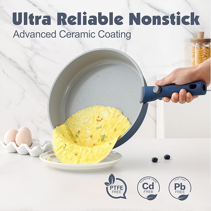 SENSARTE 17 Piece Ceramic Pots and Pans Set, Nonstick Detachable Handle Cookware, Induction Kitchen Cookware Set with Removable Handle, Dishwasher & Oven Safe (Navy)