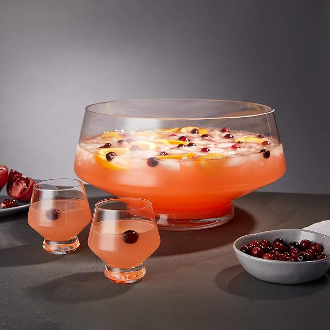 Viski Footed Glass Punch Bowl, Heavy Base Large Punch Bowl with Angled Design, Party Serveware for Cocktails & Functional Centerpiece, Clear, 2.5gal