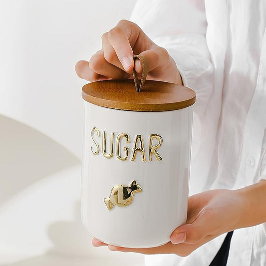 Comeon Ceramic Canister Set with Airtight Seal Bamboo Lid Silicone, 27oz Food Storage Jars for Coffee Sugar Tea, Container Set for Kitchen Pantry Counter Decor (Sugar)