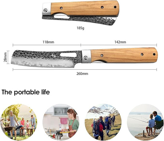 SENBON Forged 440A Super Sharp Pocket Folding Chef Knife Peeling Practical Knife Fruit Knife Natural Olive Handle Camping Barbecue Outdoor Portable Kitchen Knife