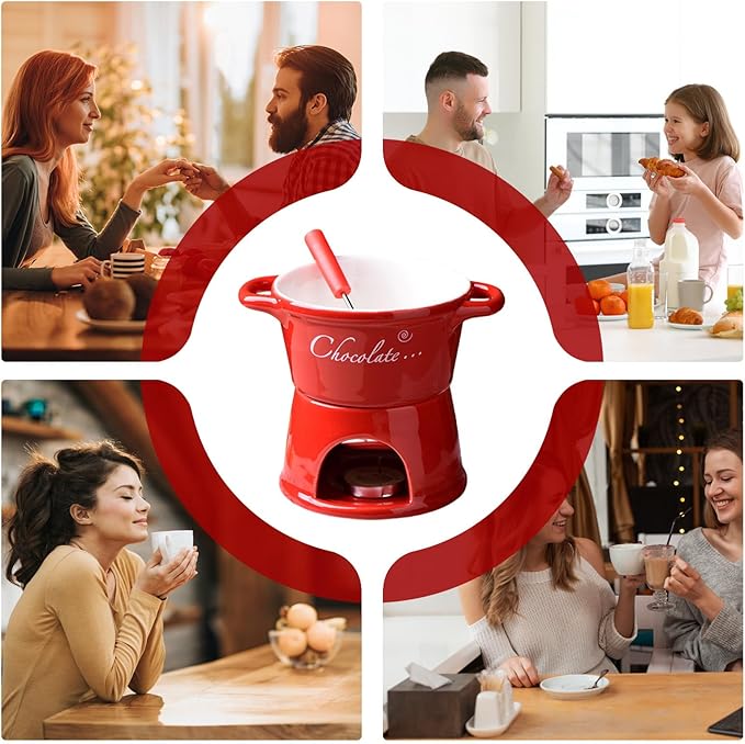 Chocolate Fondue Mug - 330 ml Ceramic Chocolate Melting Cup | Ceramic Personal Fondue Coffee Mug Warmer with Fork | Handmade Melting Butter Warmer for Appetizer Dessert Cheese (Red)