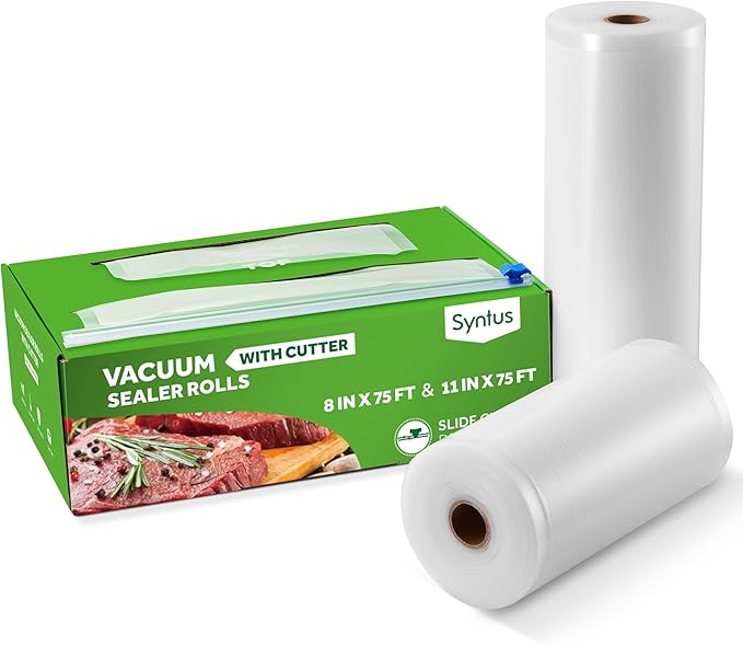 Syntus 11" x 75' and 8" x 75' Food Vacuum Seal Roll Keeper with Cutter Dispenser, Commercial Grade Vacuum Sealer Bag Rolls, BPA Free Food Vac Bags, Ideal for Storage, Meal Prep and Sous Vide