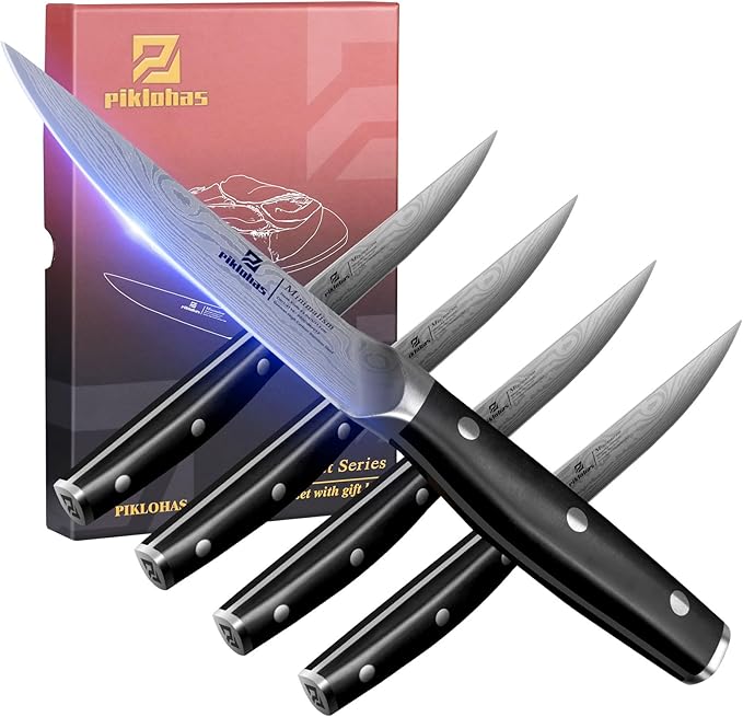 Steak Knives Set of 4, 4.5 Inch Non Serrated Dinner Knife, Forged German Steel Damascus Pattern Straight Edge Meat Knife with Full Tang Handle, Dishwasher Safe, Ideal for Gift