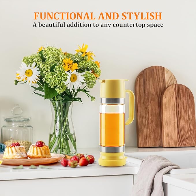 Aelga Glass Honey Dispenser Pot, No Drip 12 OZ Honey Jar with Handle, Syrup Dispenser for Coffee or Tea, Yellow